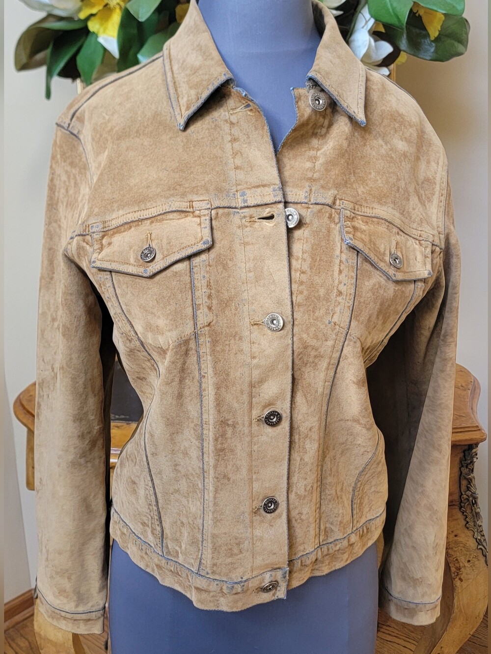 Gloria Vanderbilt Cotton Stretch Brown & Blue Soft Suede like Jean Jacket Sz M